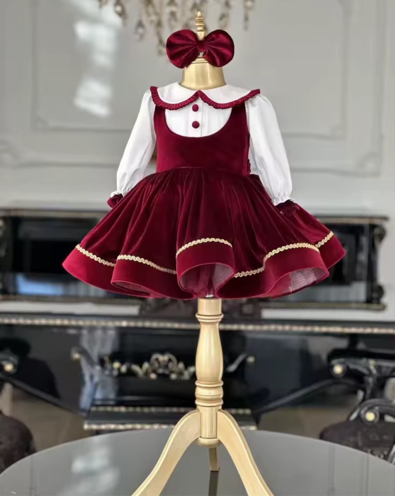 Girls Classic Wine Velvet Dress