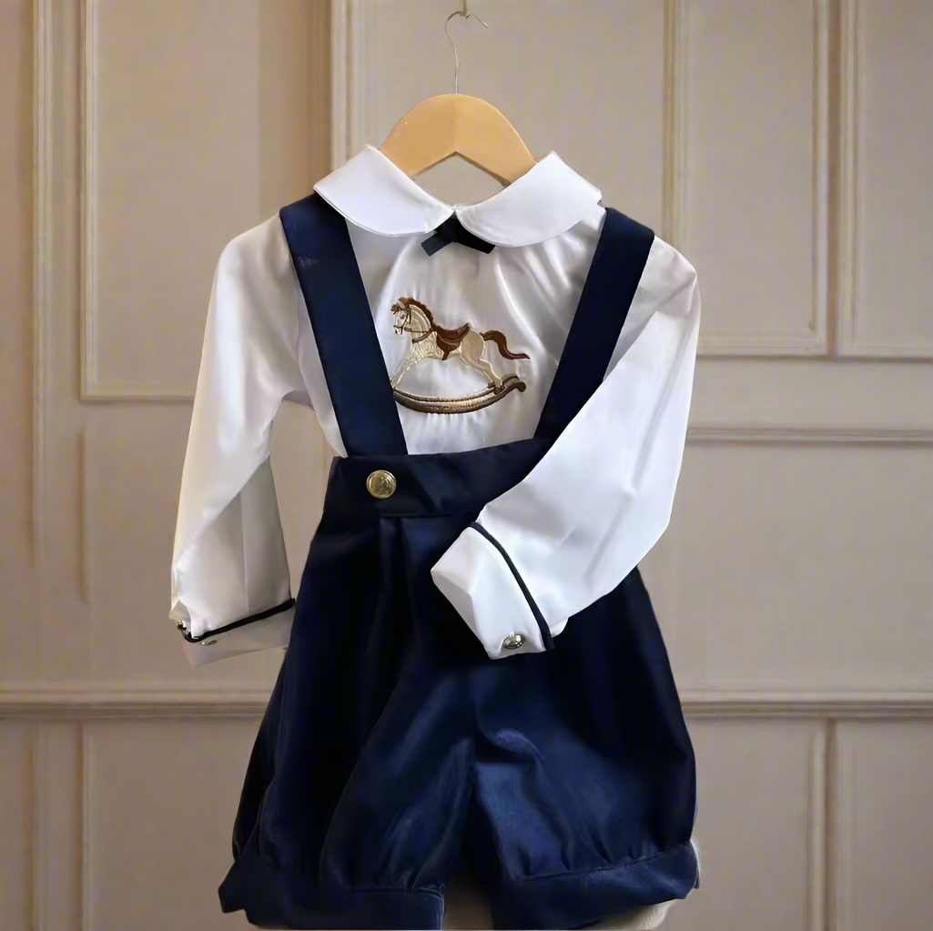 Boys Navy Rocking Horse Romper Set