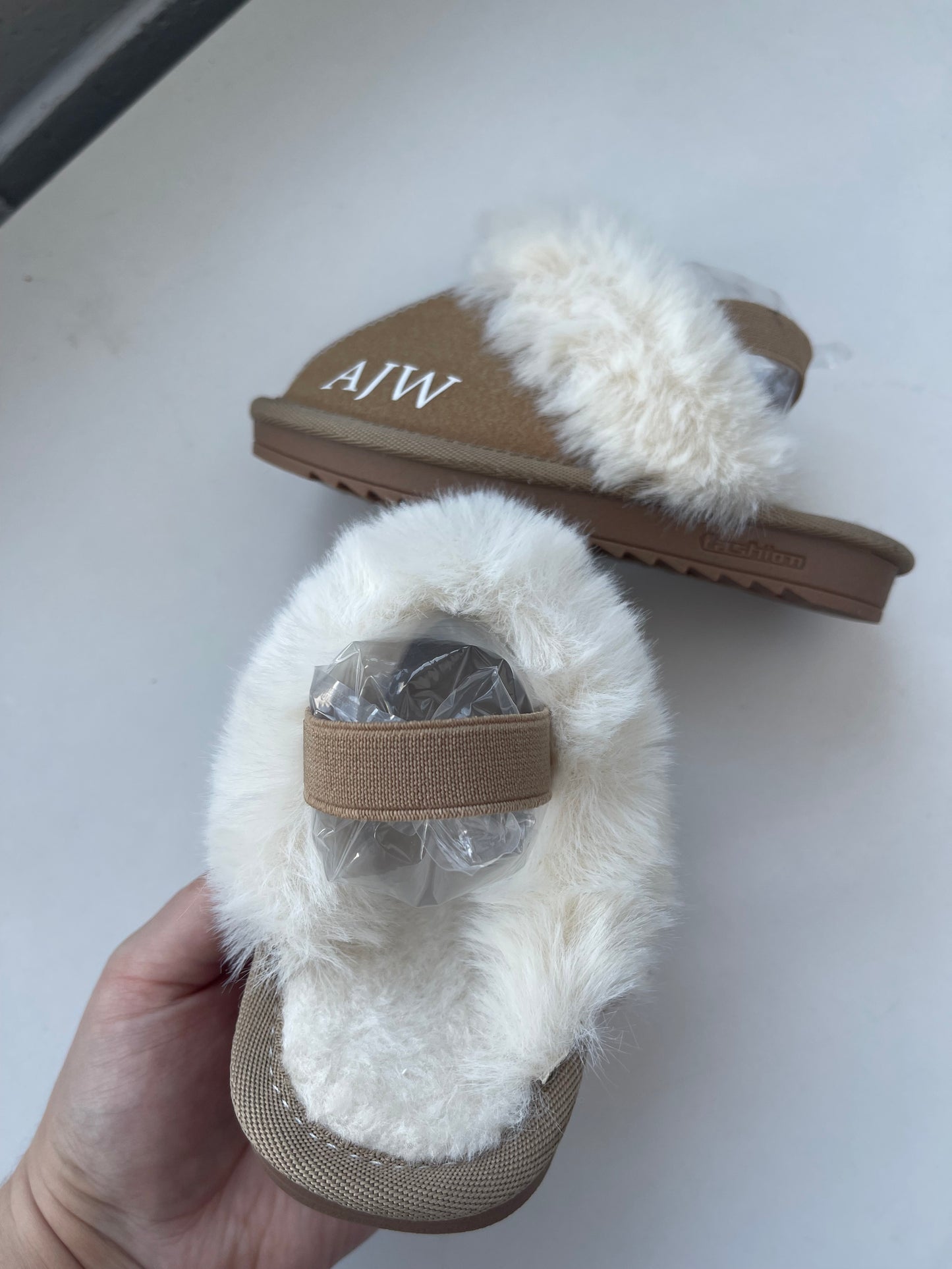 Personalised Kids Fluffy Slippers Tan
