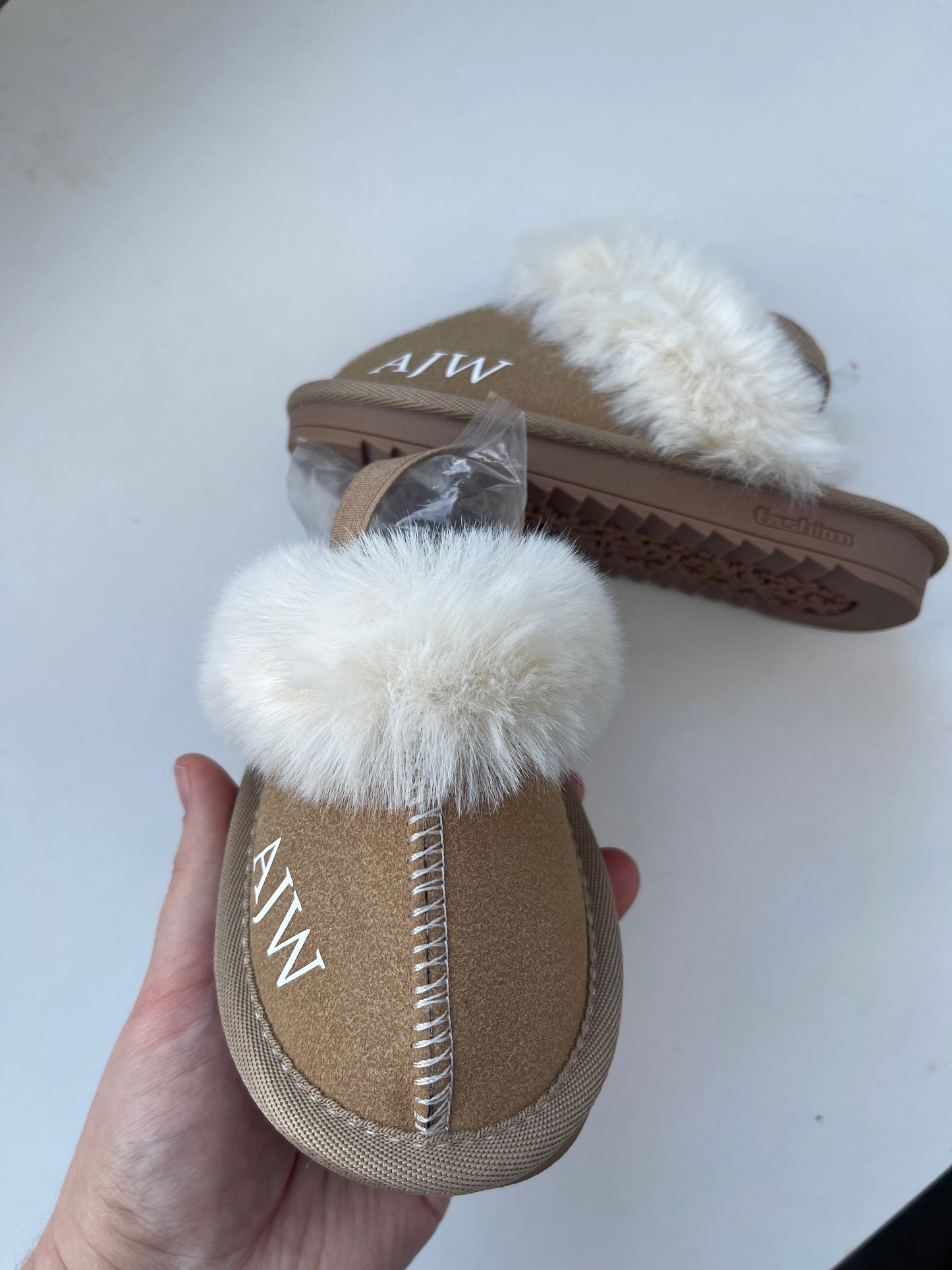 Personalised Kids Fluffy Slippers Tan