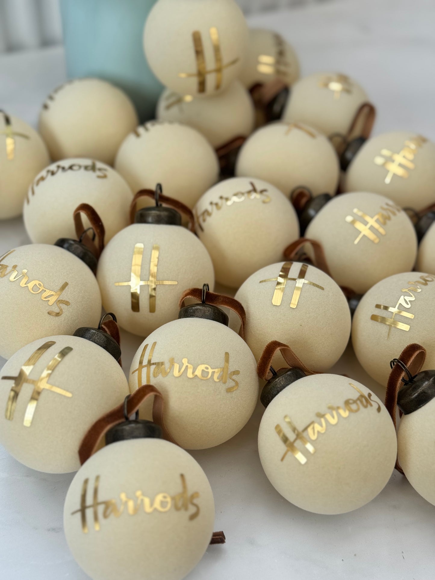 Luxury Velvet Cream & Gold H Tree Baubles 60mm
