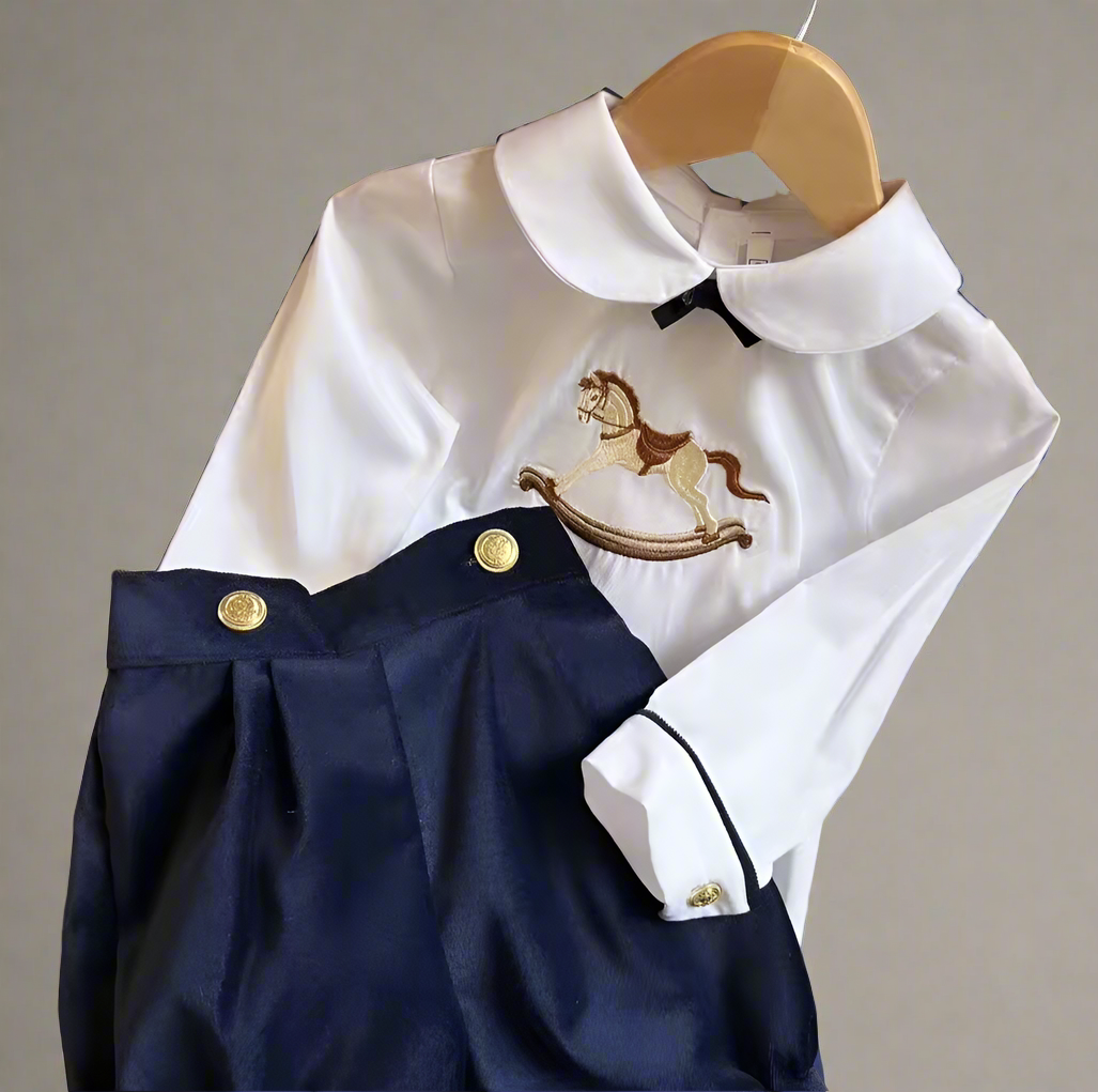 Boys Navy Rocking Horse Romper Set