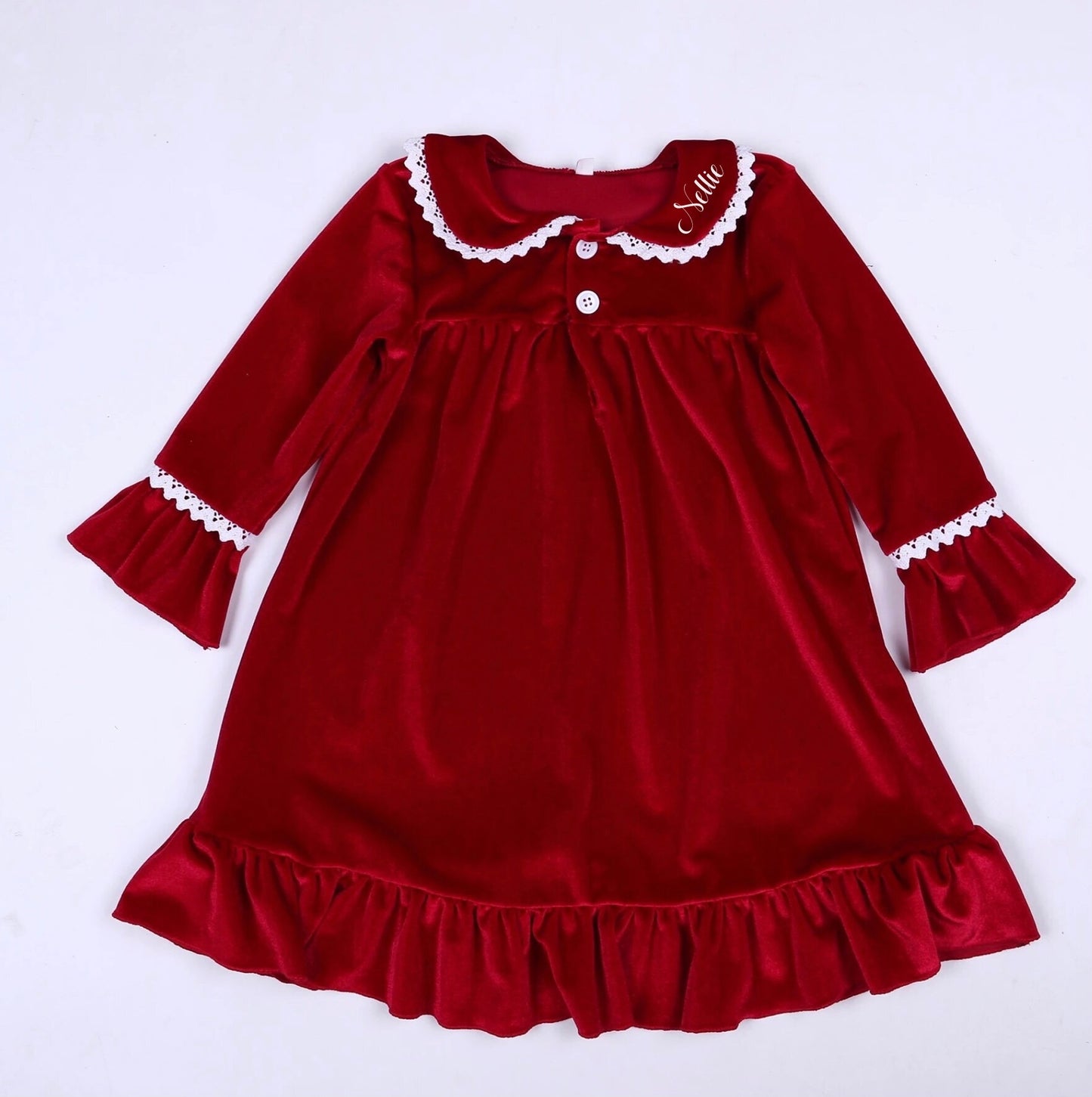 Girls Personalised Name Red Velour Luxury Night Dress