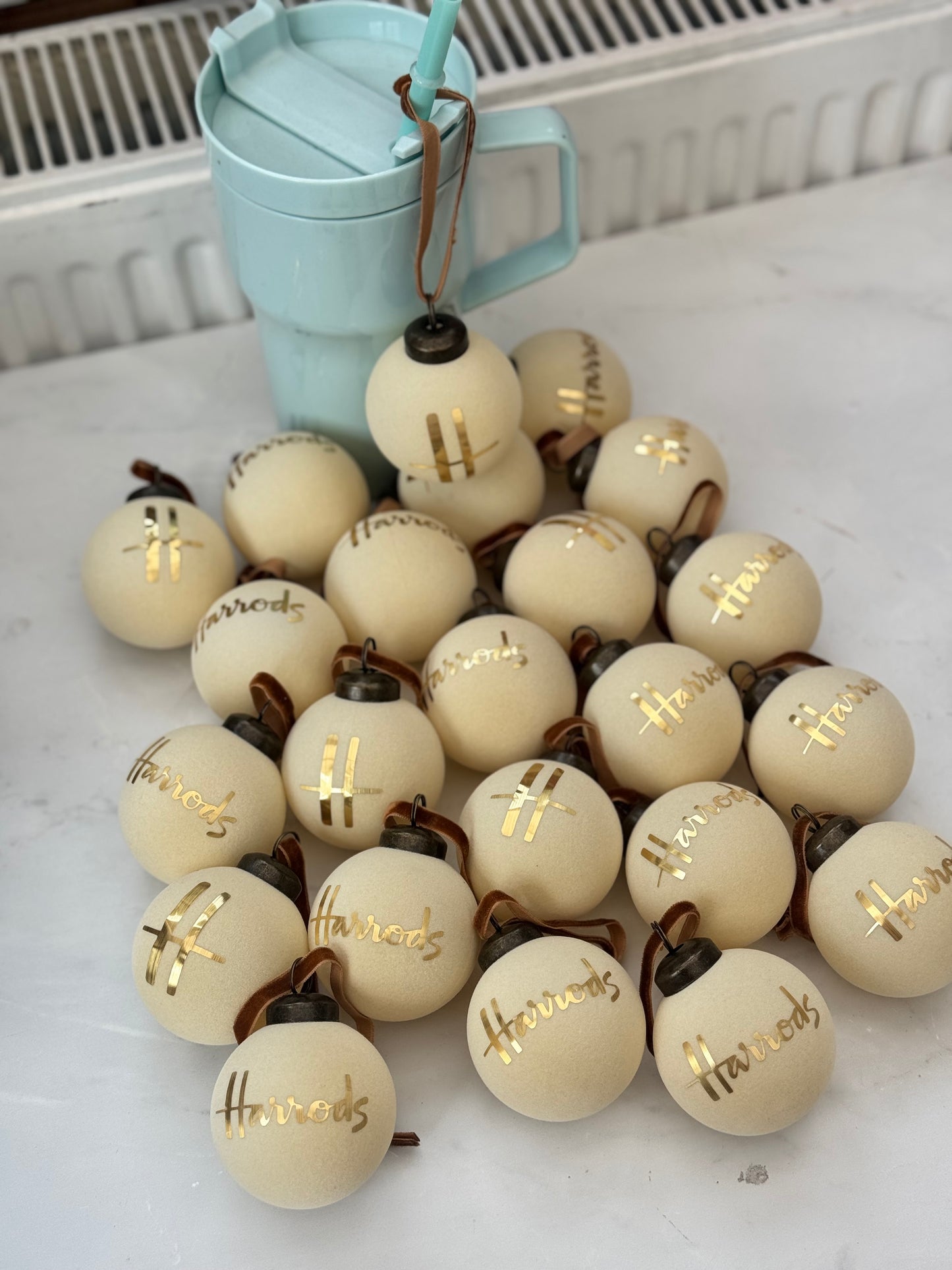 Luxury Velvet Cream & Gold H Tree Baubles 60mm