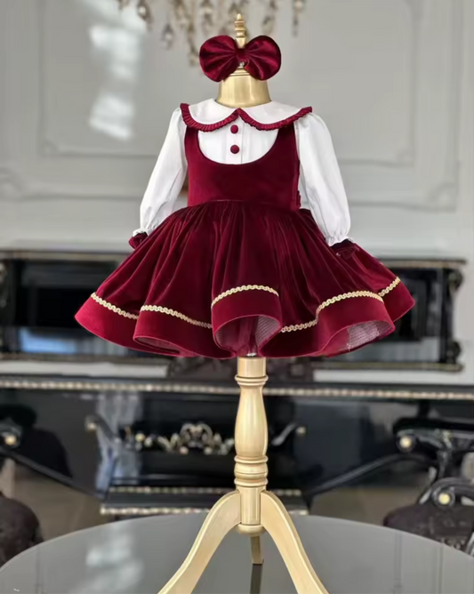 Girls Classic Wine Velvet Dress