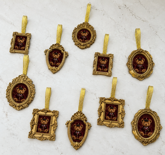 10pc Luxury Gold Framed Red H Bear Baubles