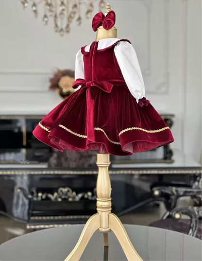 Girls Classic Wine Velvet Dress