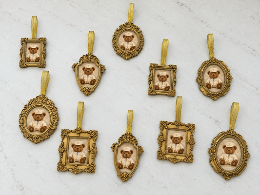 10pc Luxury Gold Framed Cream H Bear Baubles