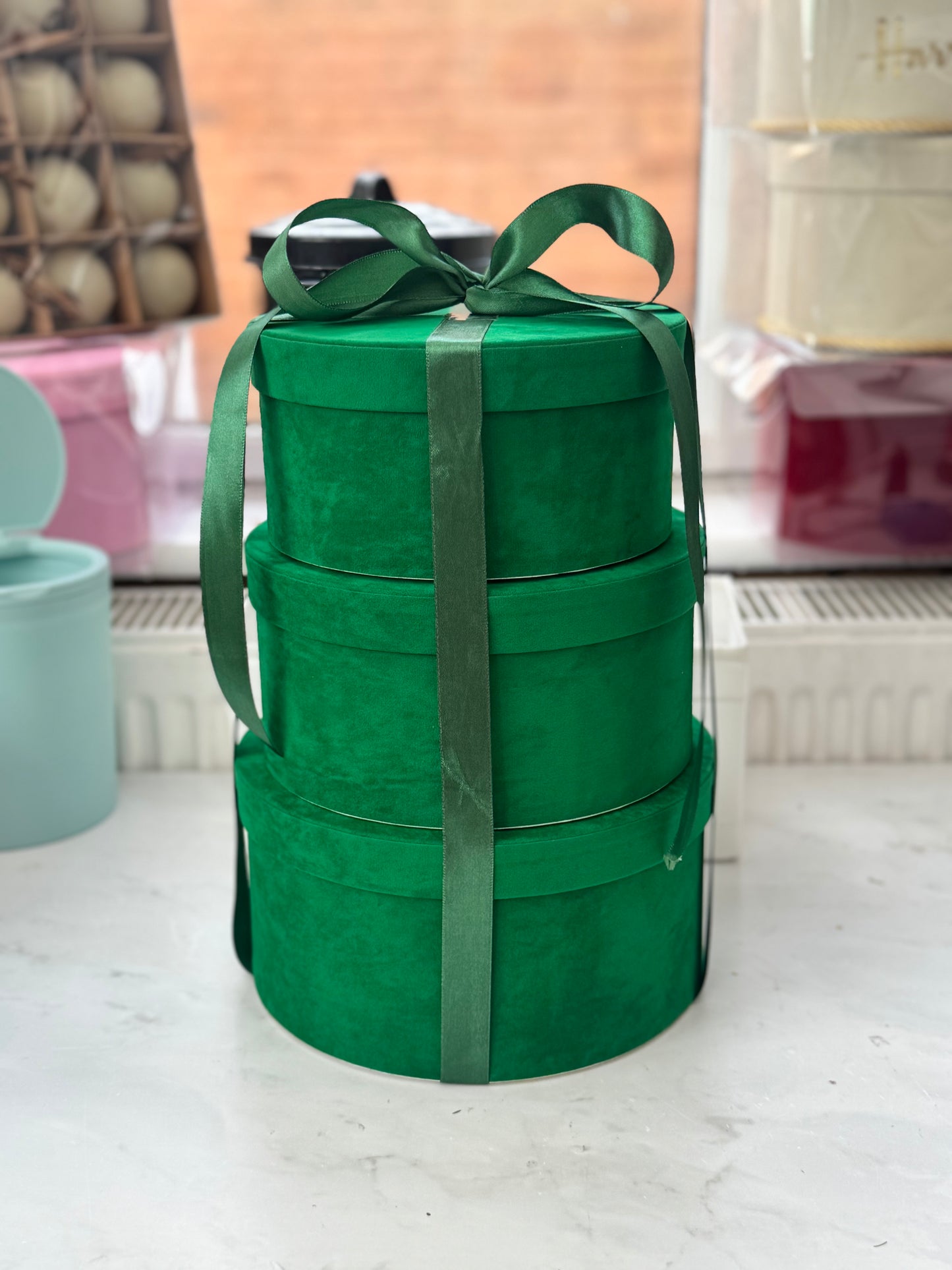 Luxury Handmade Light Green Oval 3 Tier Velvet H Boxes