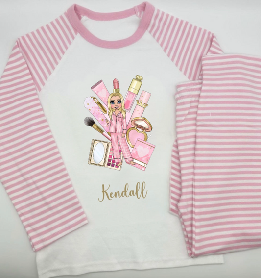Pink & White Striped Makeup Dolly Pyjamas