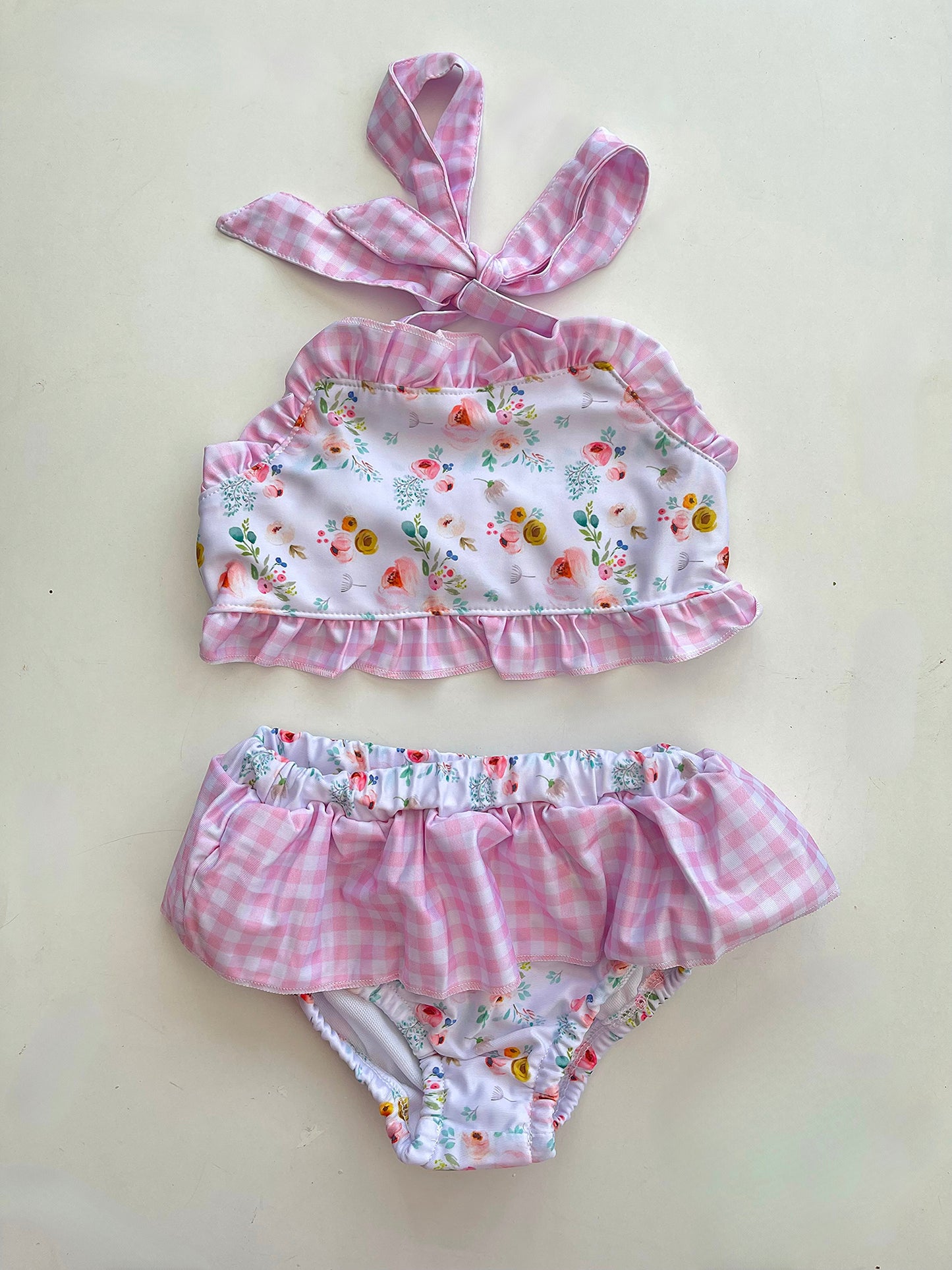 Girls Pink Flower With Gingham Frill Swim Set