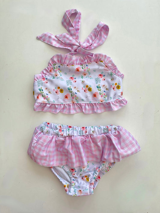 Girls Pink Flower With Gingham Frill Swim Set