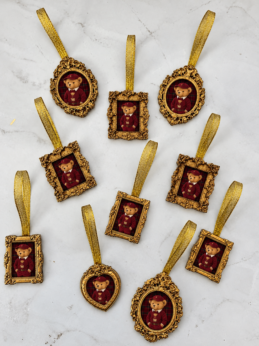 Ralphie 10pc Red Bear Luxury Gold Framed Baubles