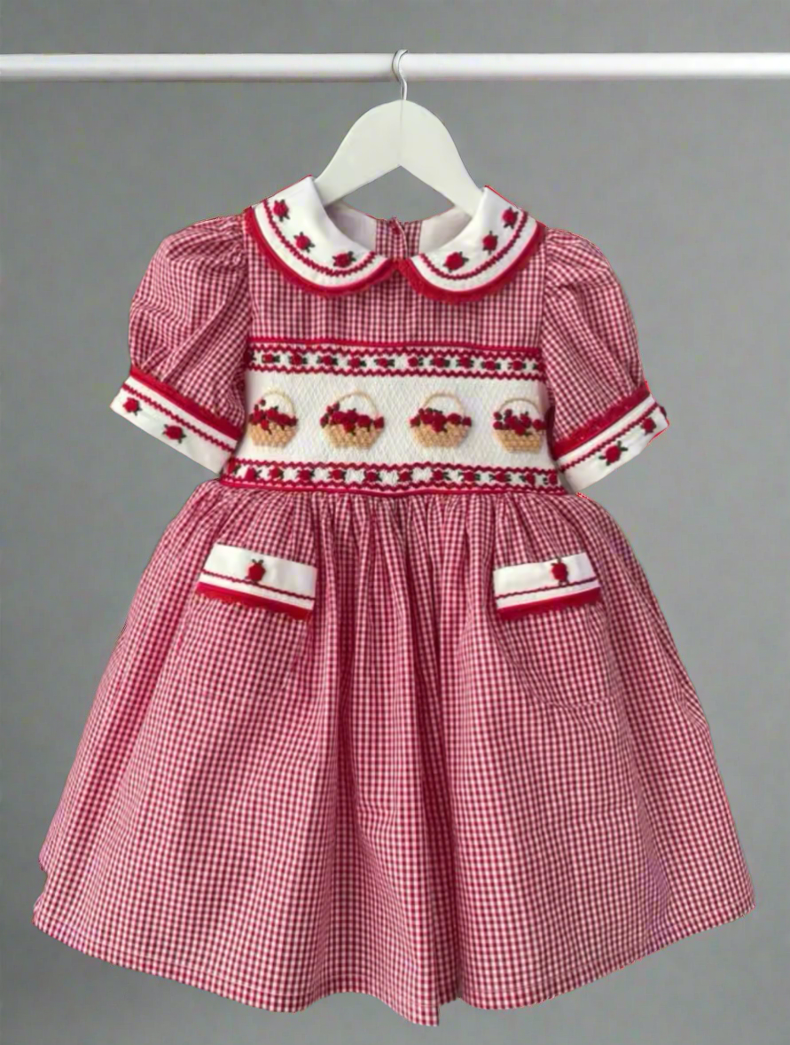 Girls Flower Basket Red Smocked Dress