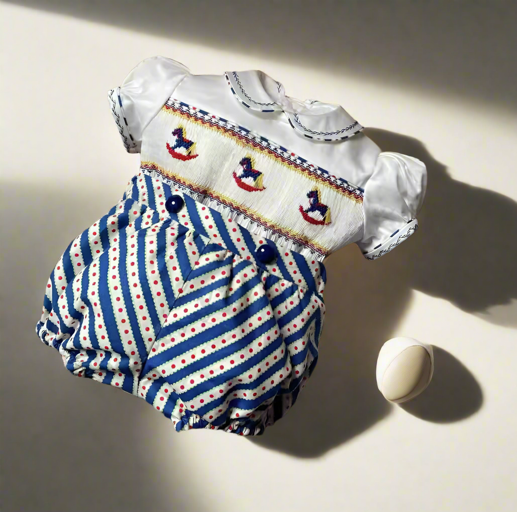 Boys Blue Rocking Horse Smocked Romper