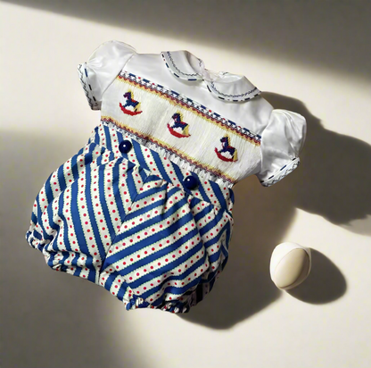 Boys Blue Rocking Horse Smocked Romper