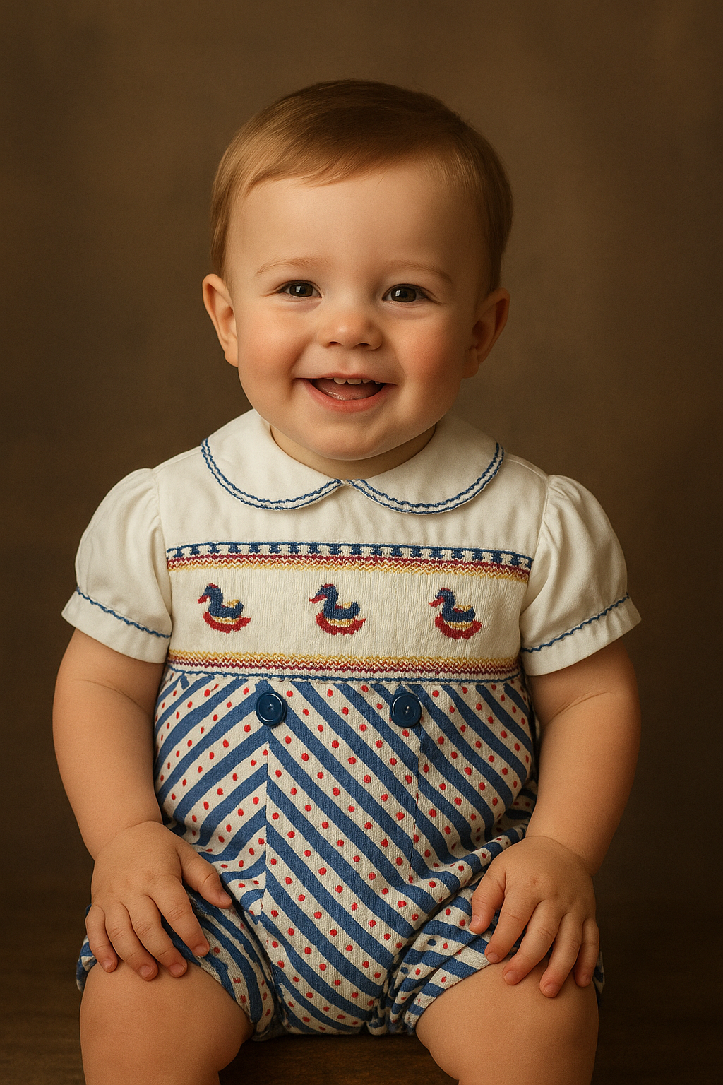 Boys Blue Rocking Horse Smocked Romper